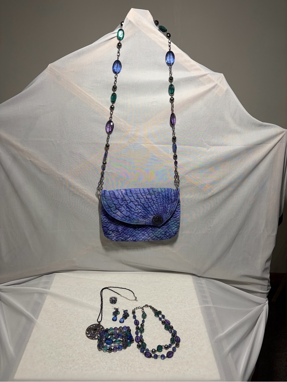 Blue Textured Crossbody Bag with Beaded Strap